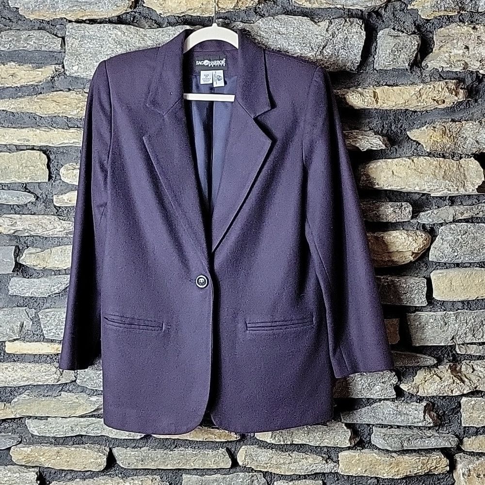 Women's Sag Harbor blue blazer suit jacket sz 6 Petite 100% wool